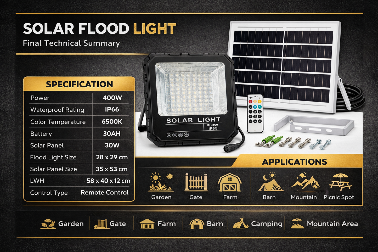 400W Solar Flood Light Outdoor with Remote Control, RGB + 6500K White, IP66 Waterproof LED Security Light, 30AH Battery, 30W Solar Panel, Ultra Bright for Garden, Farm, Gate, Camping