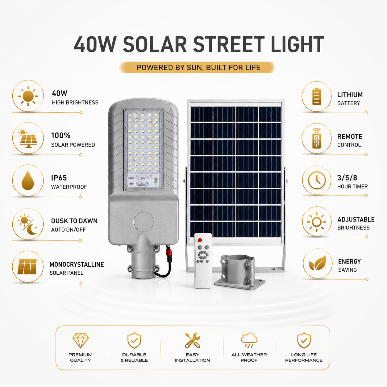 FOSVEX 40W Solar LED Flood Light with Remote Control | 6500K White | 40AH Battery | IP65 Waterproof Outdoor Security Light