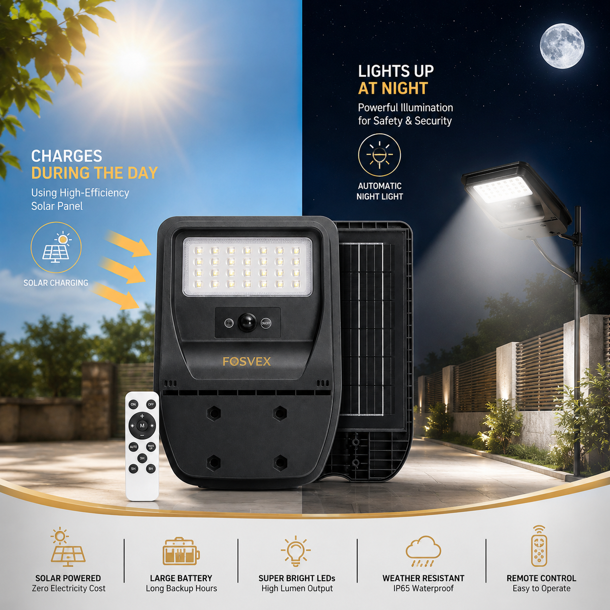 FOSVEX 50W Solar LED Street Light with Motion Sensor & Remote Control | Waterproof Outdoor Security Light