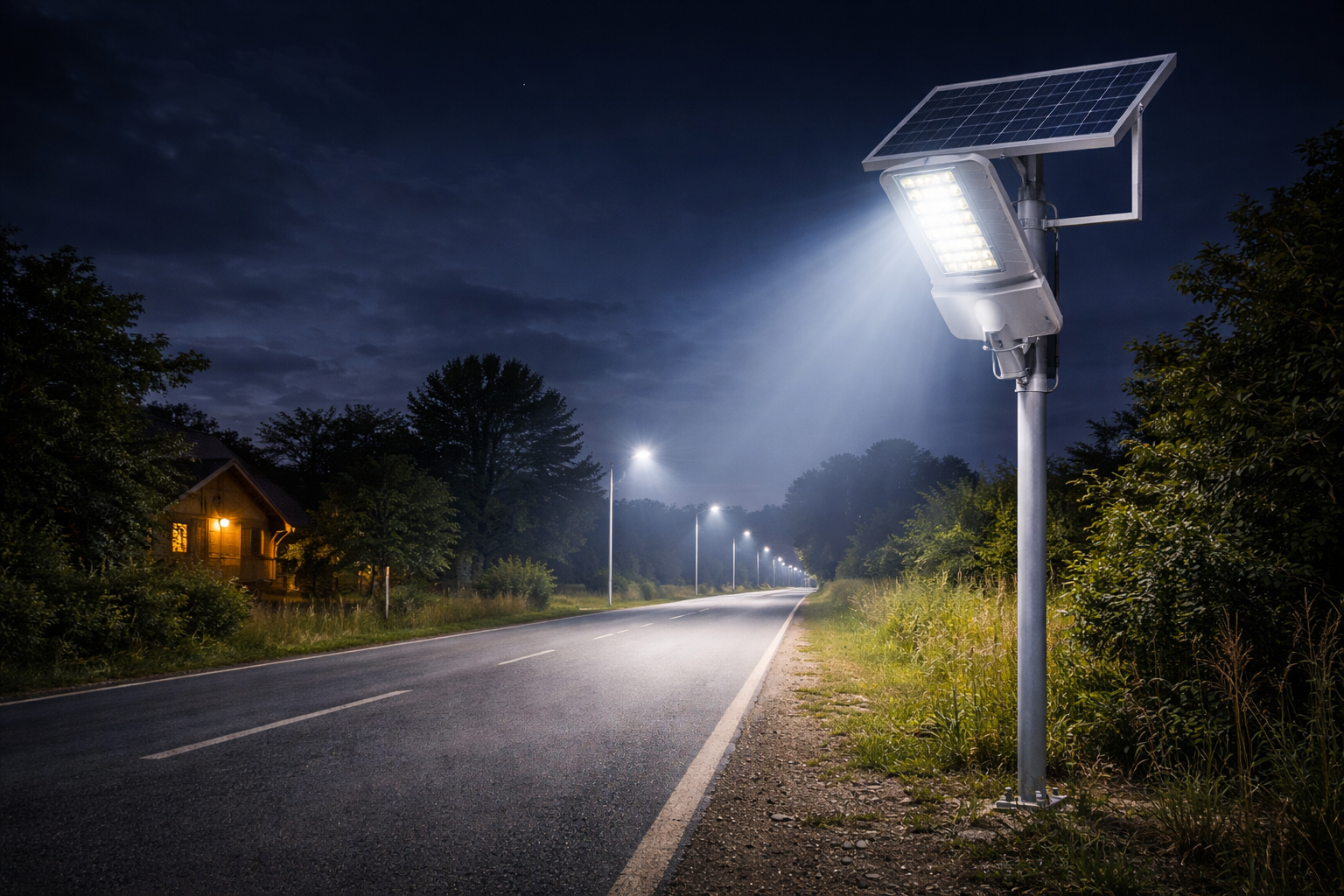Solar street light illuminating a road at night with a house in the background.