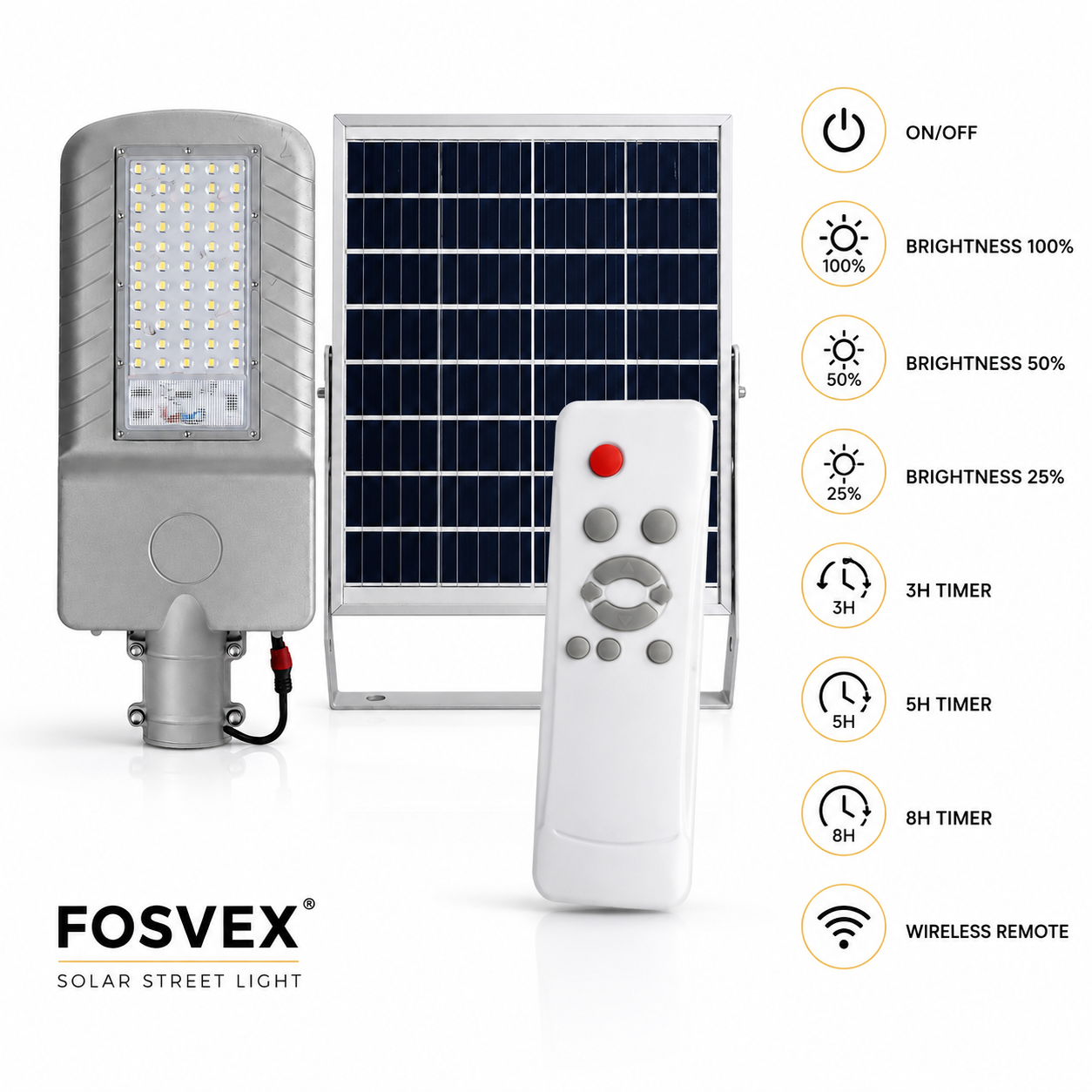 FOSVEX 50W Solar LED Flood Light with Remote Control | 6500K White | 45AH Battery | IP65 Waterproof Outdoor Security Light