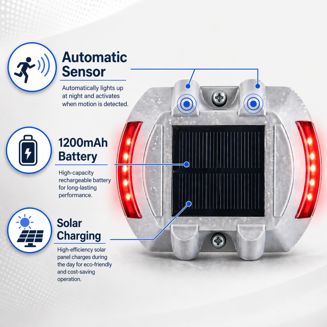 Solar Road Stud Light | IP67 Waterproof | Heavy Duty Aluminum | 1200mAh Battery | High Visibility LED | Car Load Supported | Outdoor Road Safety Light