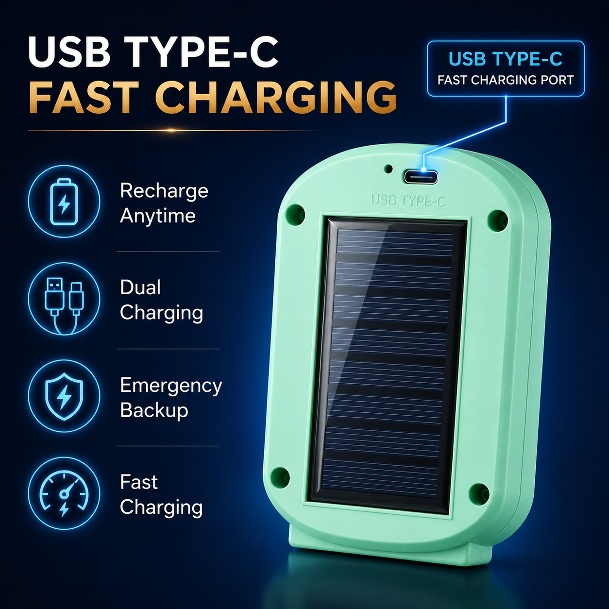 FOSVEX Solar Rechargeable Emergency LED Light (2000mAh) – Portable USB Type-C & Solar Charging Lamp