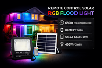 400W Solar Flood Light Outdoor with Remote Control, RGB + 6500K White, IP66 Waterproof LED Security Light, 30AH Battery, 30W Solar Panel, Ultra Bright for Garden, Farm, Gate, Camping