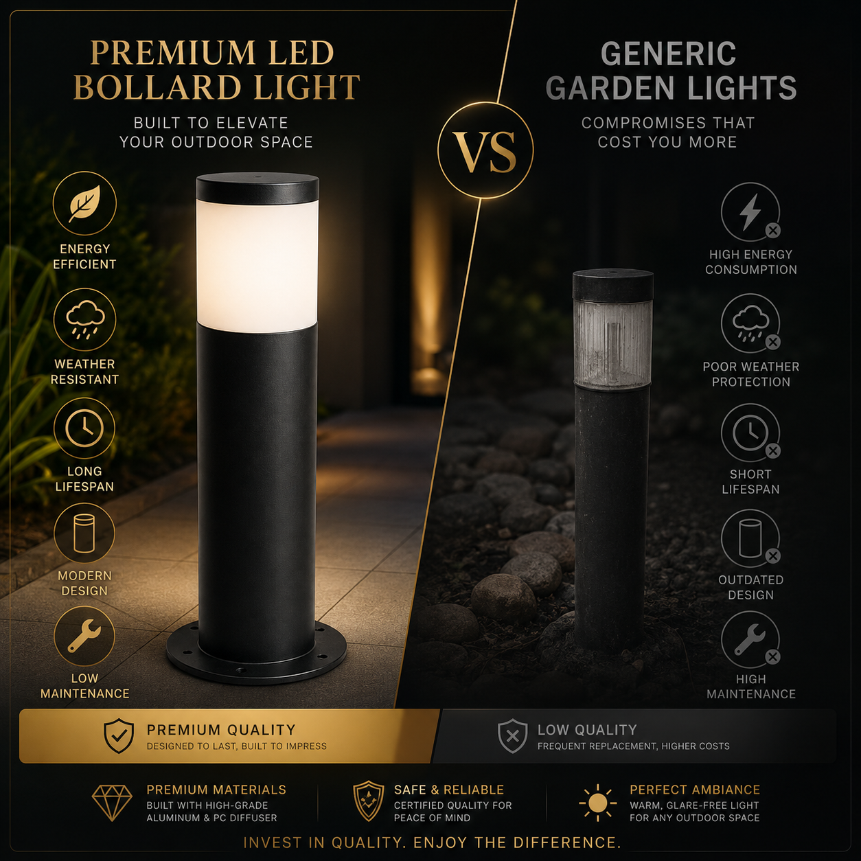 FOSVEX Outdoor LED Bollard Light – IP65 Waterproof Pathway & Garden Light