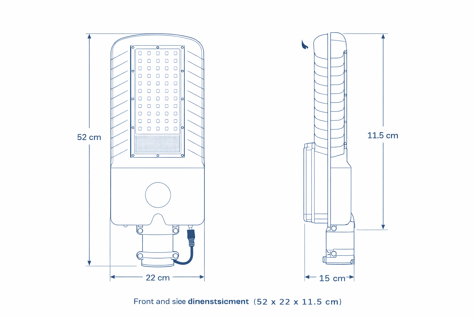 Technical drawing of a street light with dimensions labeled