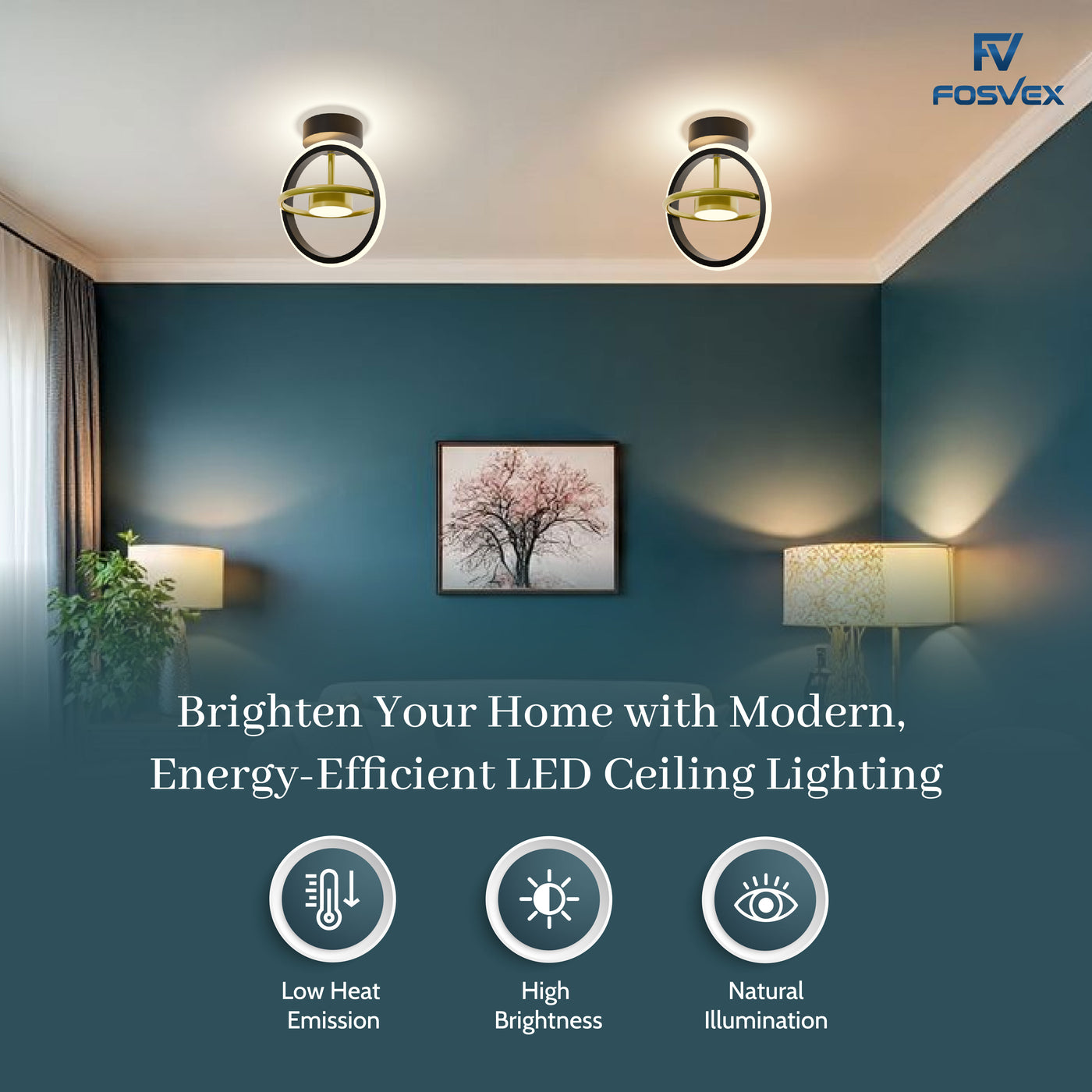Modern LED ceiling lights in a room with Fosvex branding.
