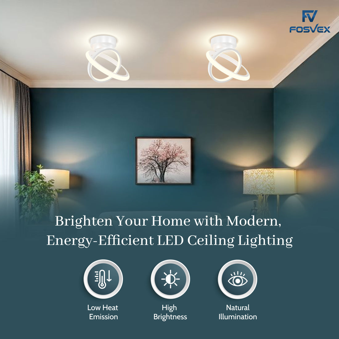 FOSVEX 50W LED Ceiling Light – 3 Color Modes, High CRI Ra97, Eye-Friendly Dual Circle Ceiling Lamp