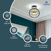 Ceiling light fixture with Fosvex branding in a room setting, highlighting features like high CRI, easy installation, diffuse reflection, and anti-dizziness luminescent.