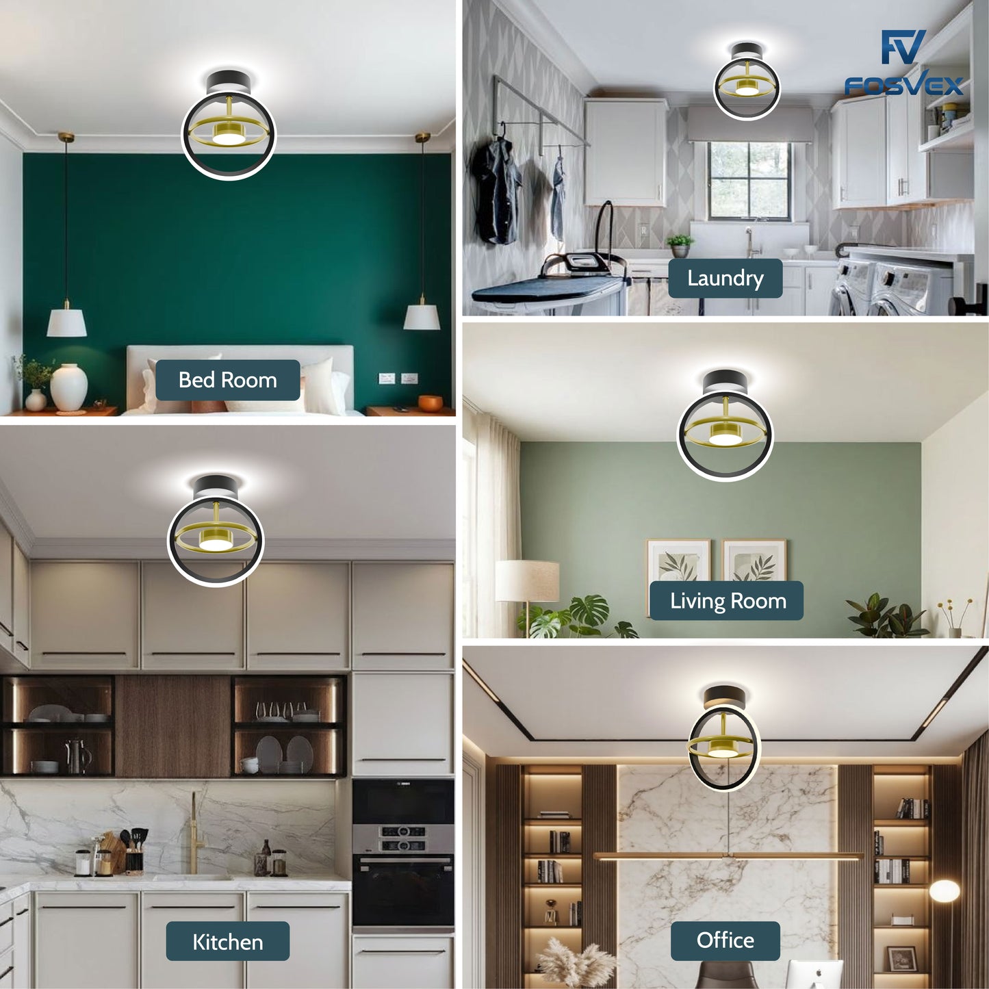 modern Ceiling light fixture in various rooms including bedroom, laundry, living room, kitchen, and office.