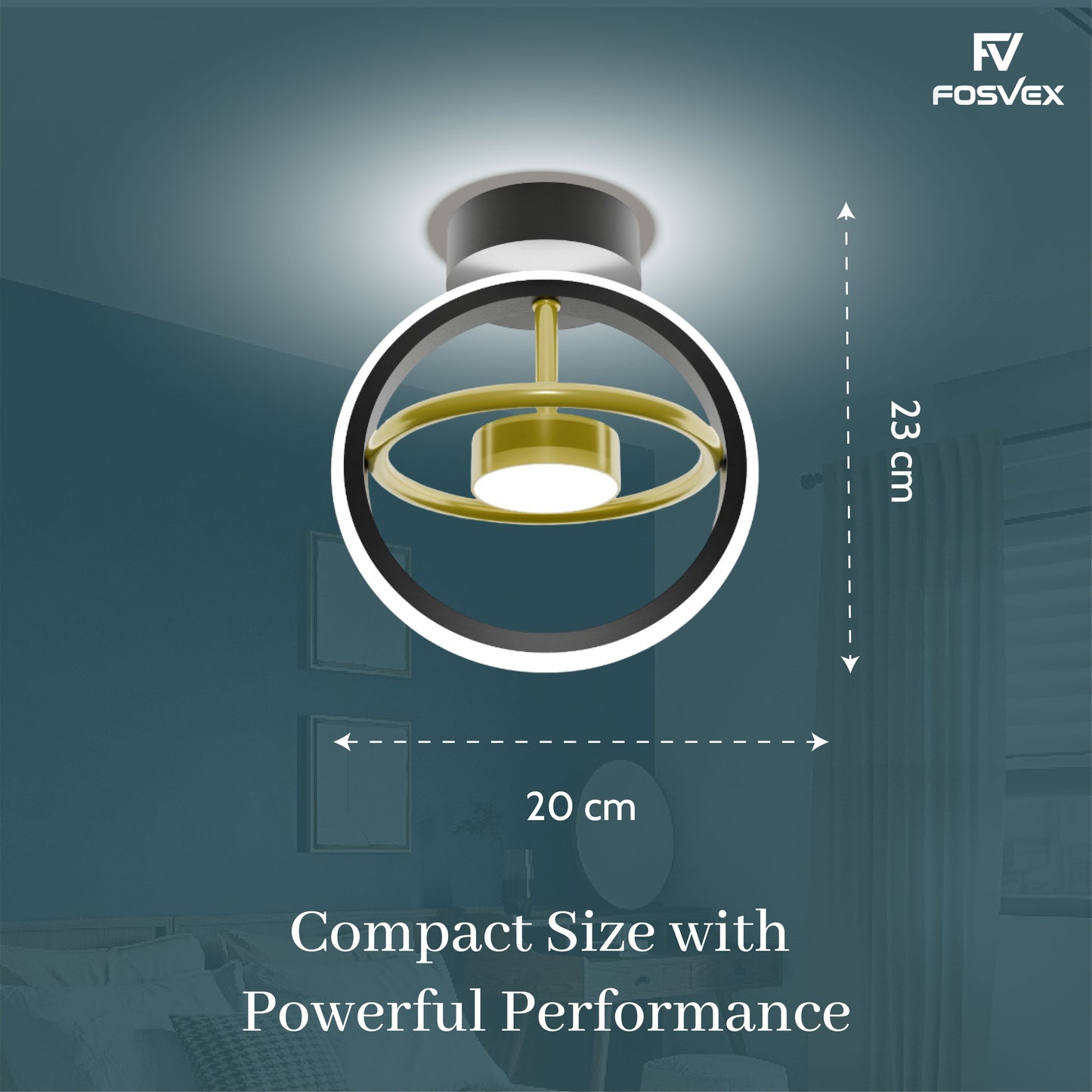 Ceiling light fixture with dimensions labeled, Fosvex brand visible